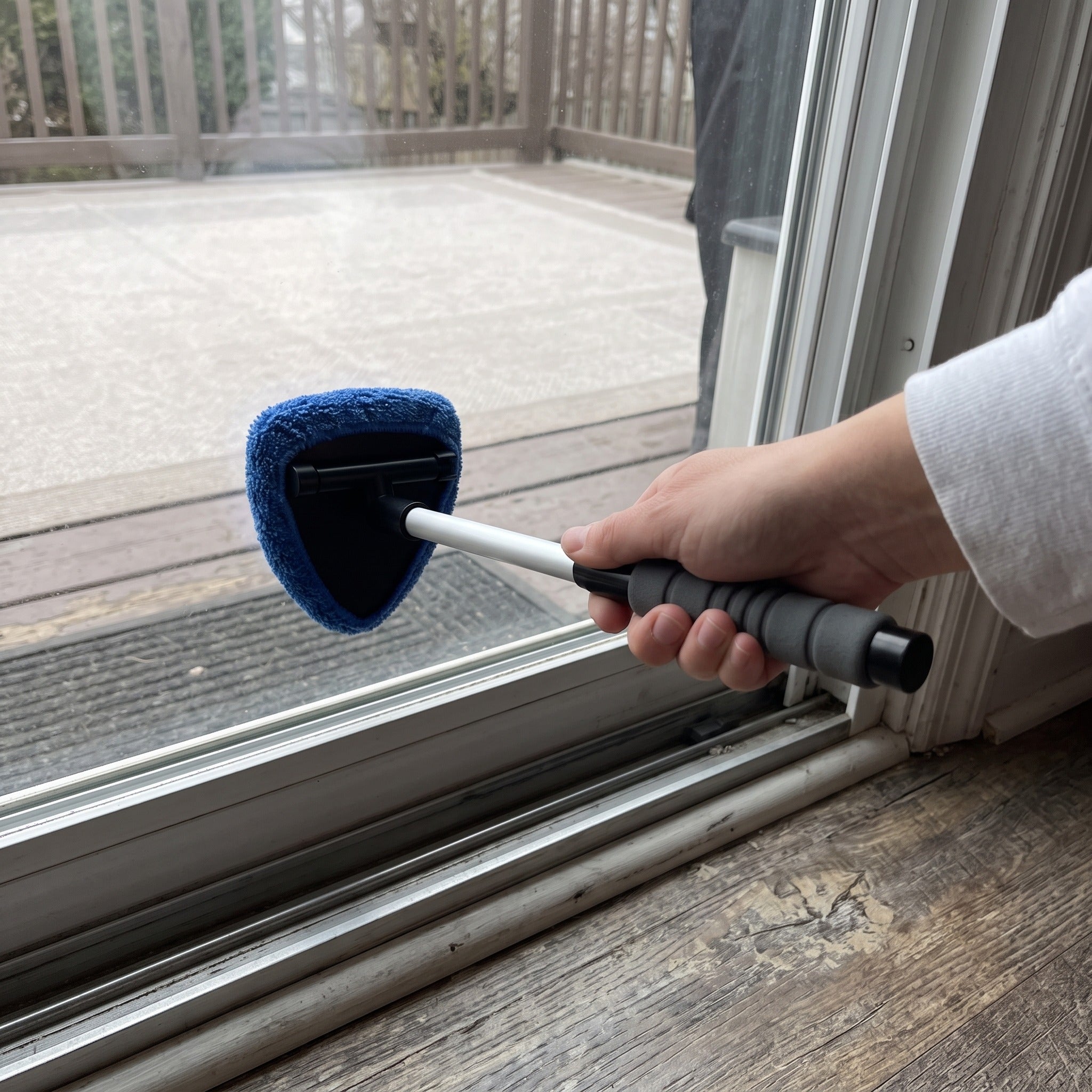 Cleaner reaching a lower patio glass pane