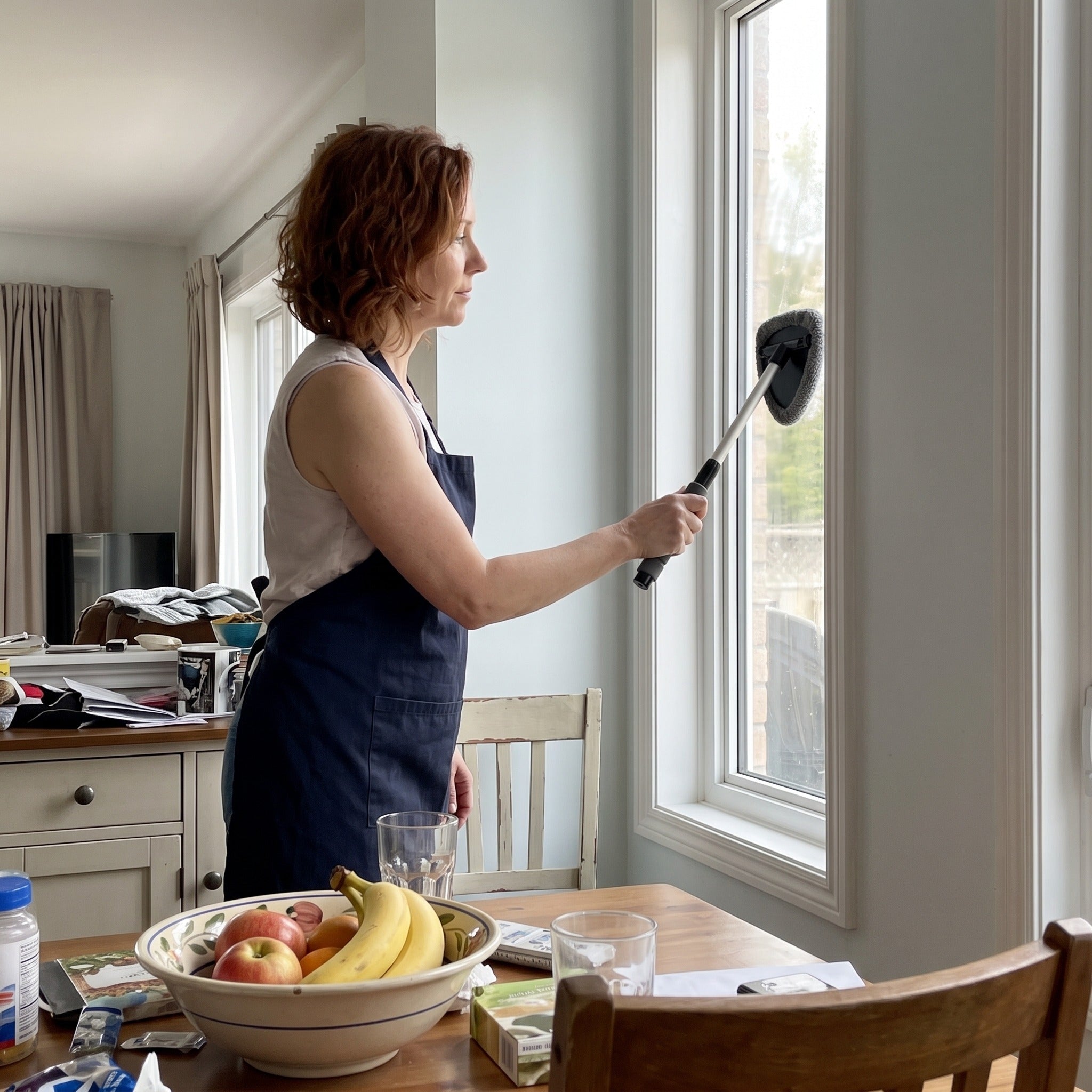 Cleaner beside a dining room window