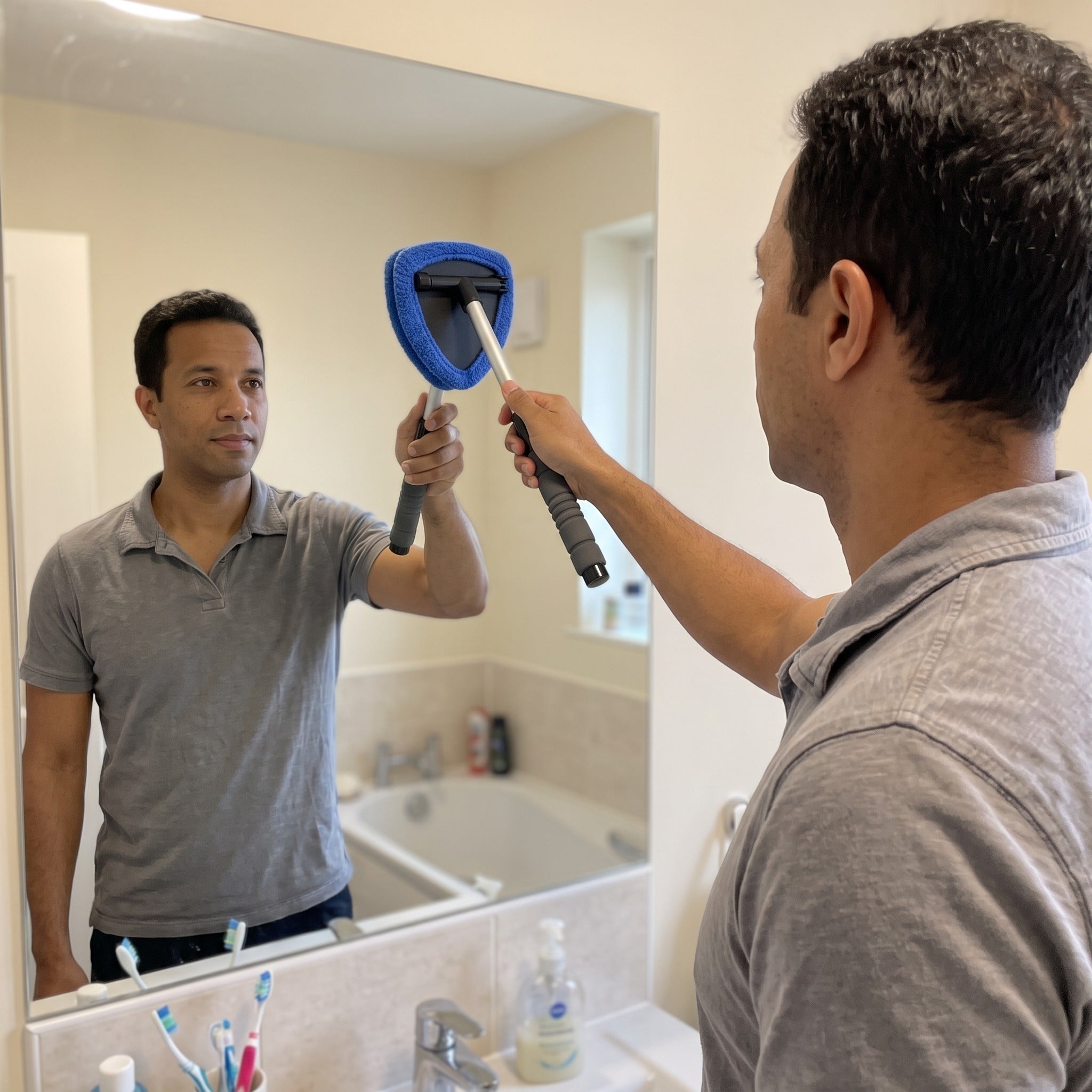 Cleaner against ordinary bathroom mirror glass
