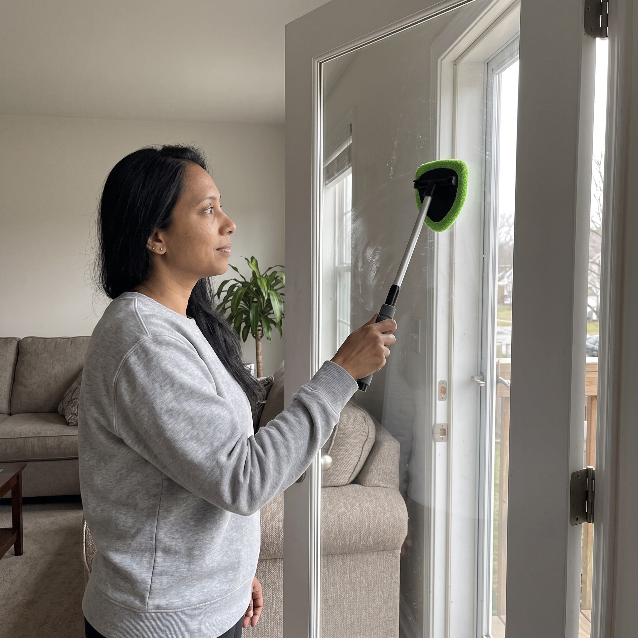 Cleaner guided across a French door glass pane