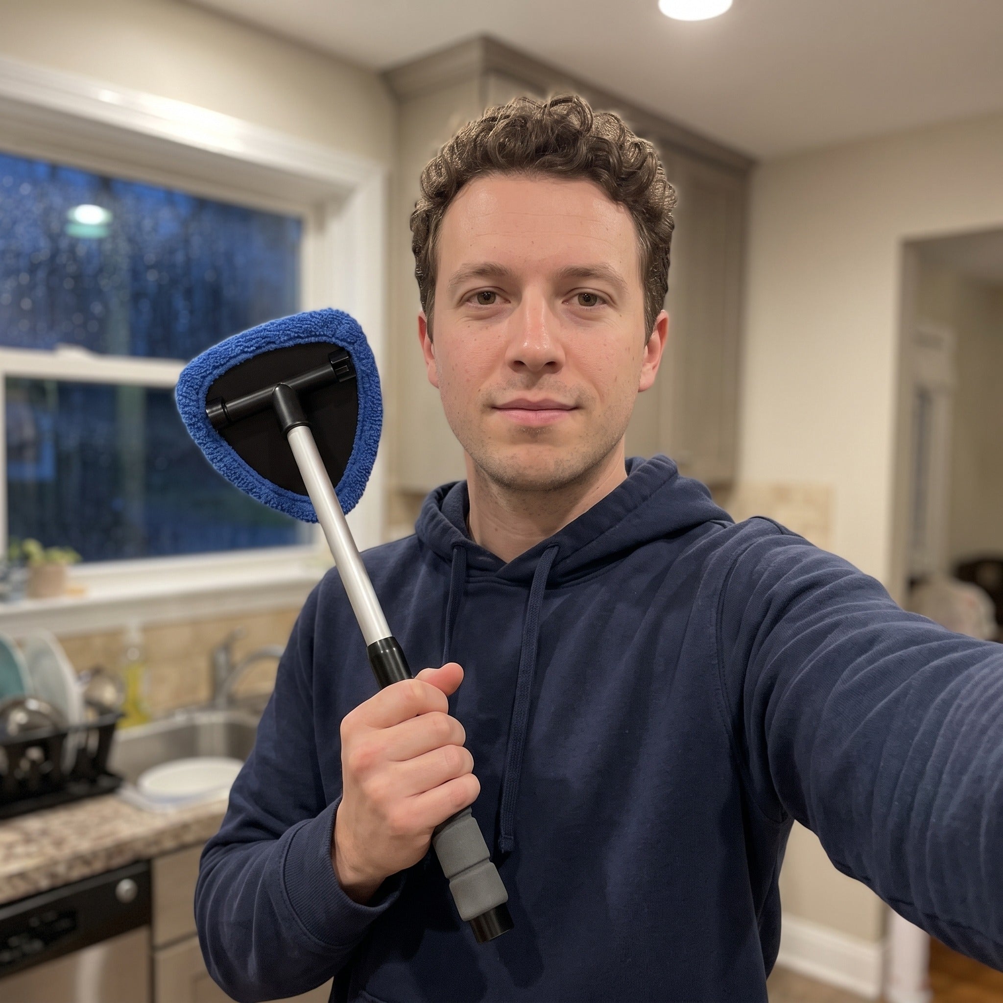 Selfie beside a rainy kitchen window with cleaner