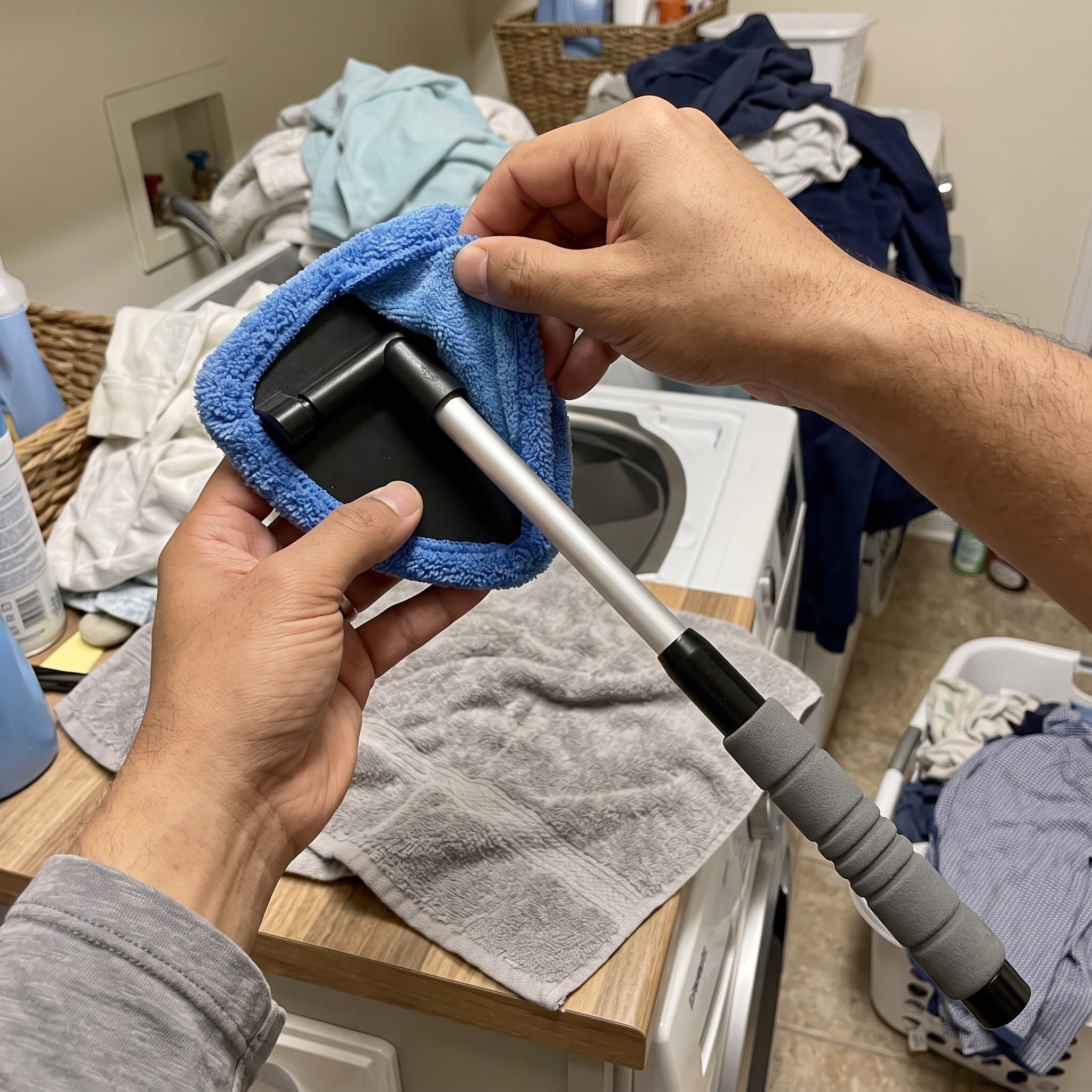 Blue microfibre pad removed for washing