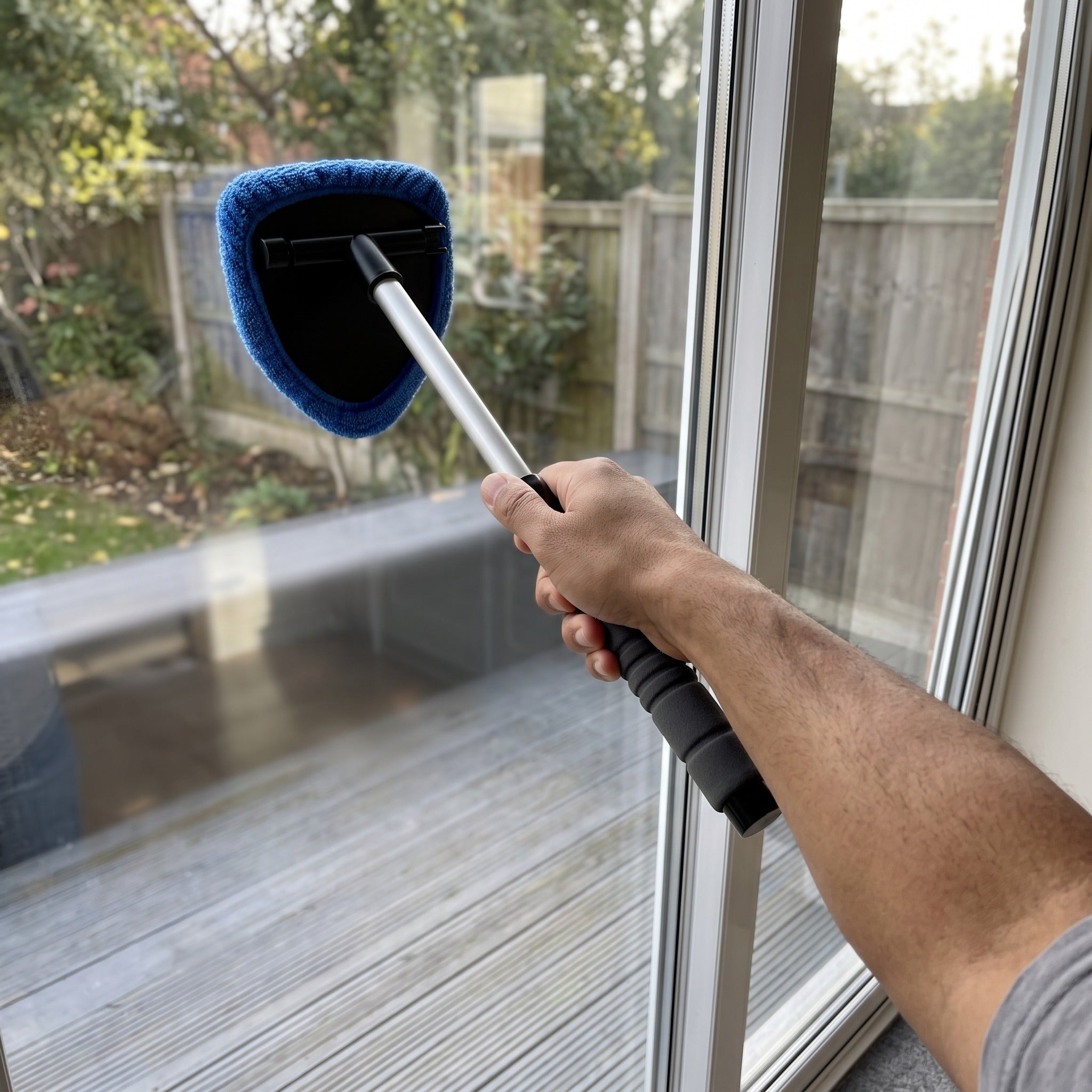 Daniel guiding Clear Reach across ordinary patio glass