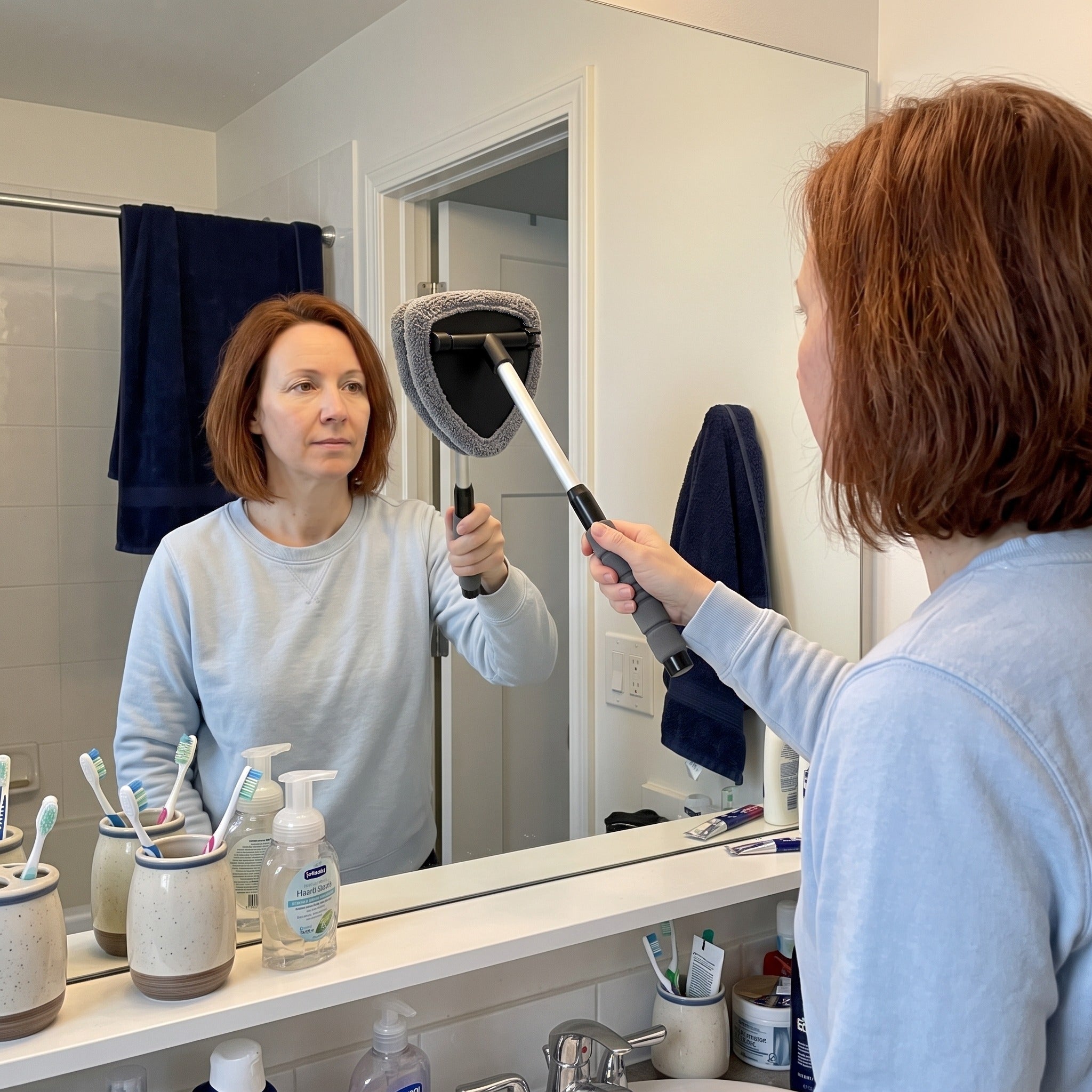 Sophie using Clear Reach on a bathroom mirror