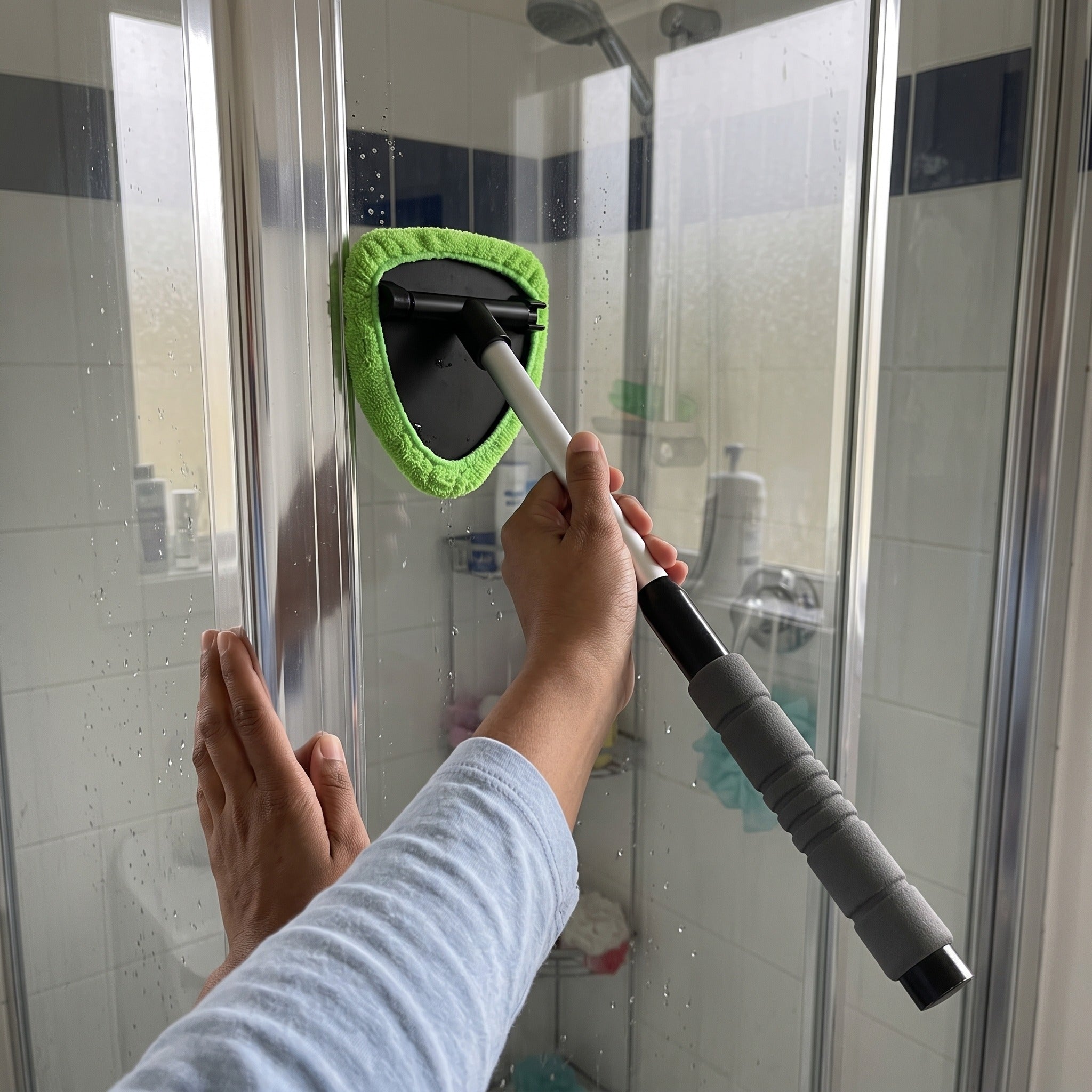 Priya guiding the pivoting head into an ordinary shower glass corner