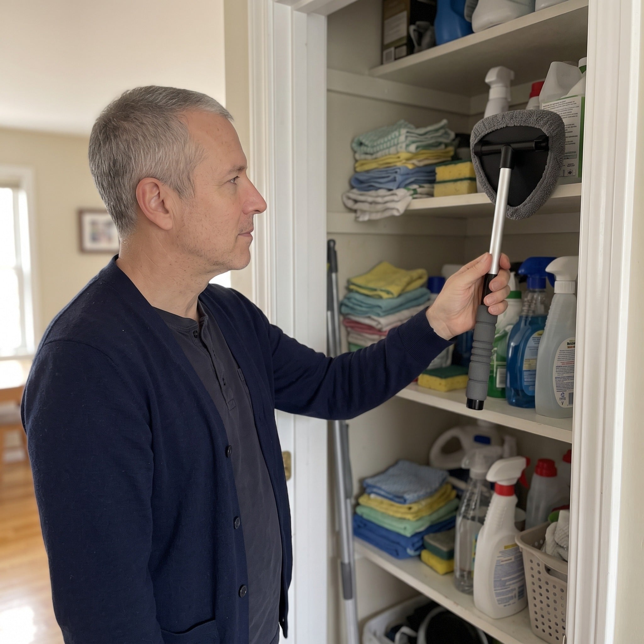 Alex putting Clear Reach in a utility cupboard